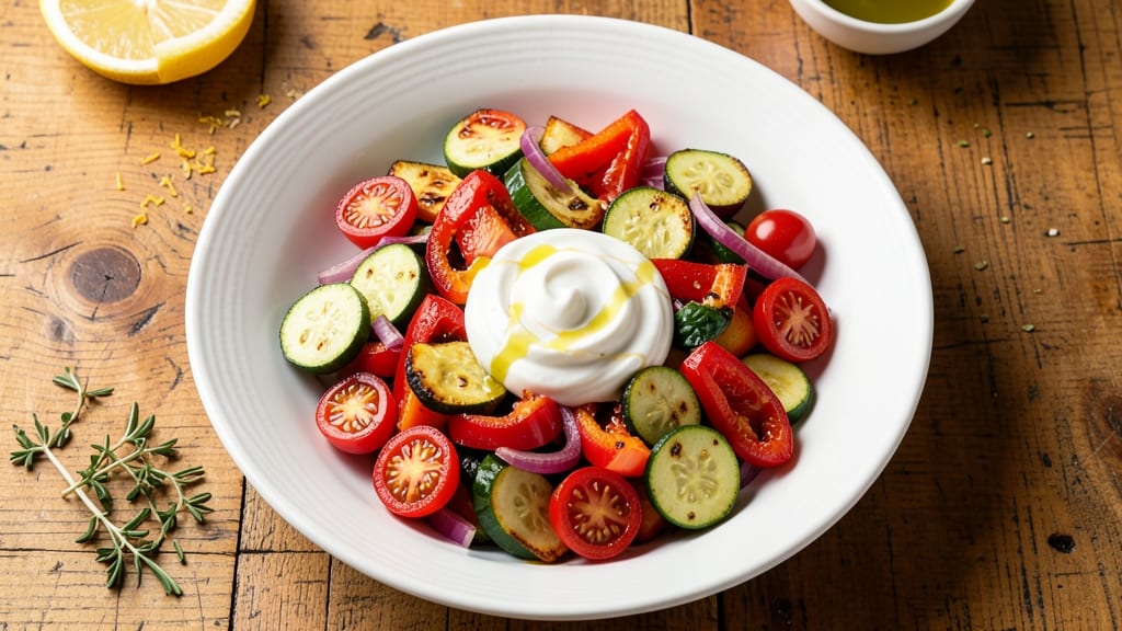 California Pizza Kitchen Roasted Vegetable Salad Recipe: Warm Roasted Veggies Over Creamy Herb Dressing