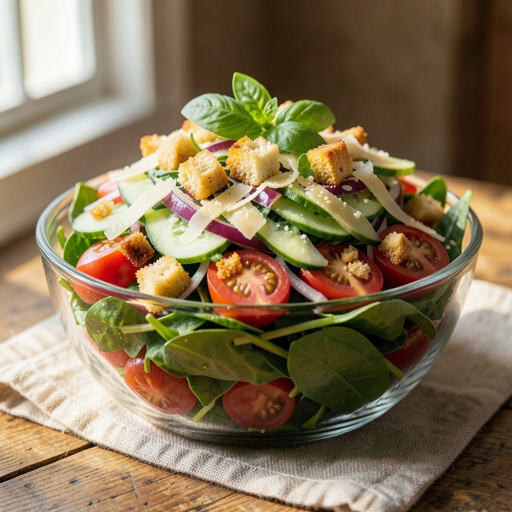 6 Layer Salad Recipe: Crispy Croutons and Creamy Parmesan Harmony