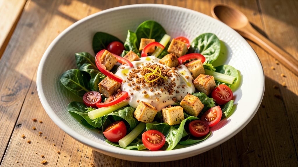Caesar Vegetable Salad Recipe: Crispy Celery Crowns Over Tangy Parmesan Cream