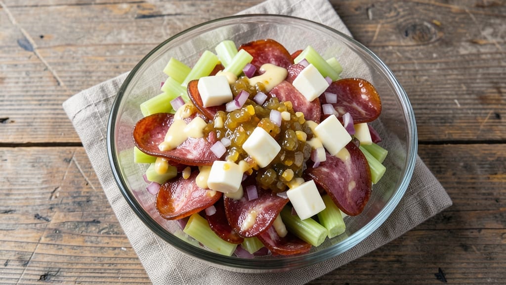Bologna Salad With Cheese Recipe: Crisp Celery Crowns Over Melty Cheddar Bliss