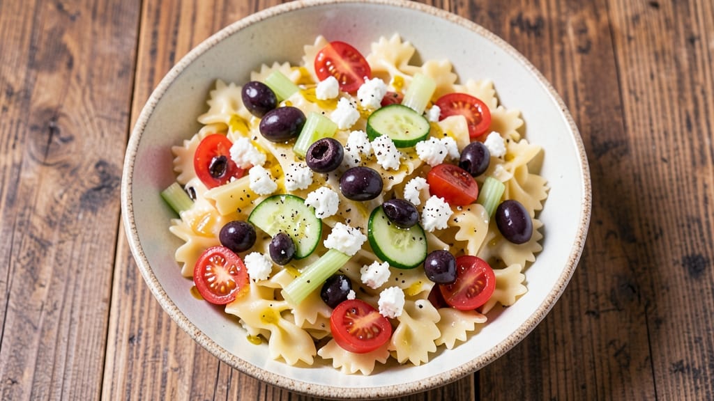Bow Tie Greek Pasta Salad Recipe: Celery Crown Crunch Over Zesty Lemon-Oregano Dressing