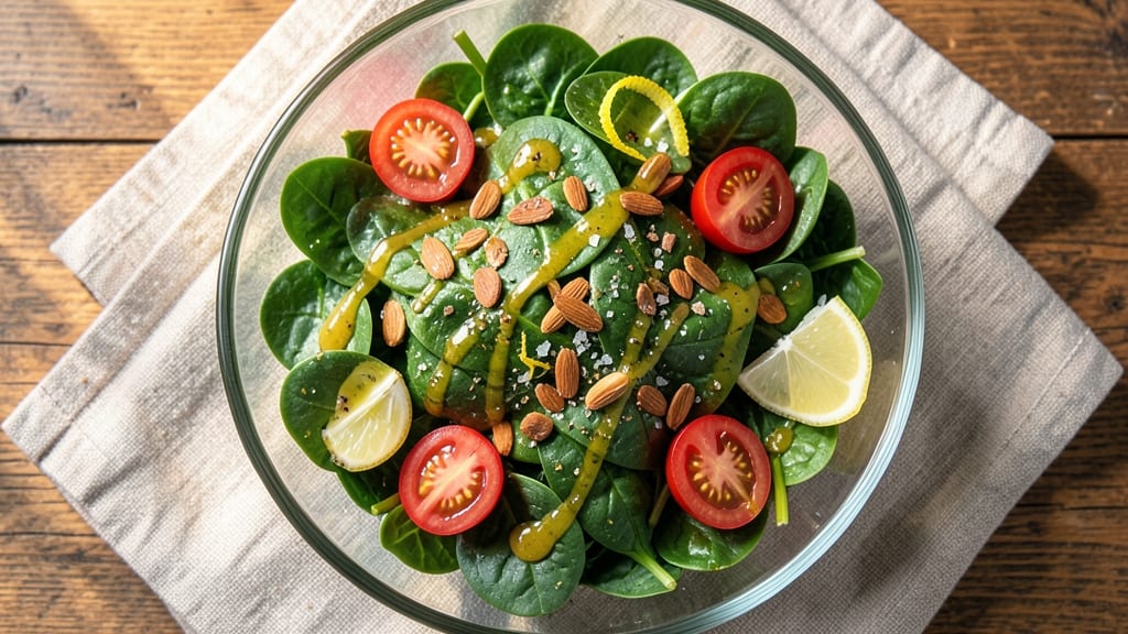 Baby Spinach Salad Recipe: Lemon-Garlic Vinaigrette With Crispy Toasted Almonds