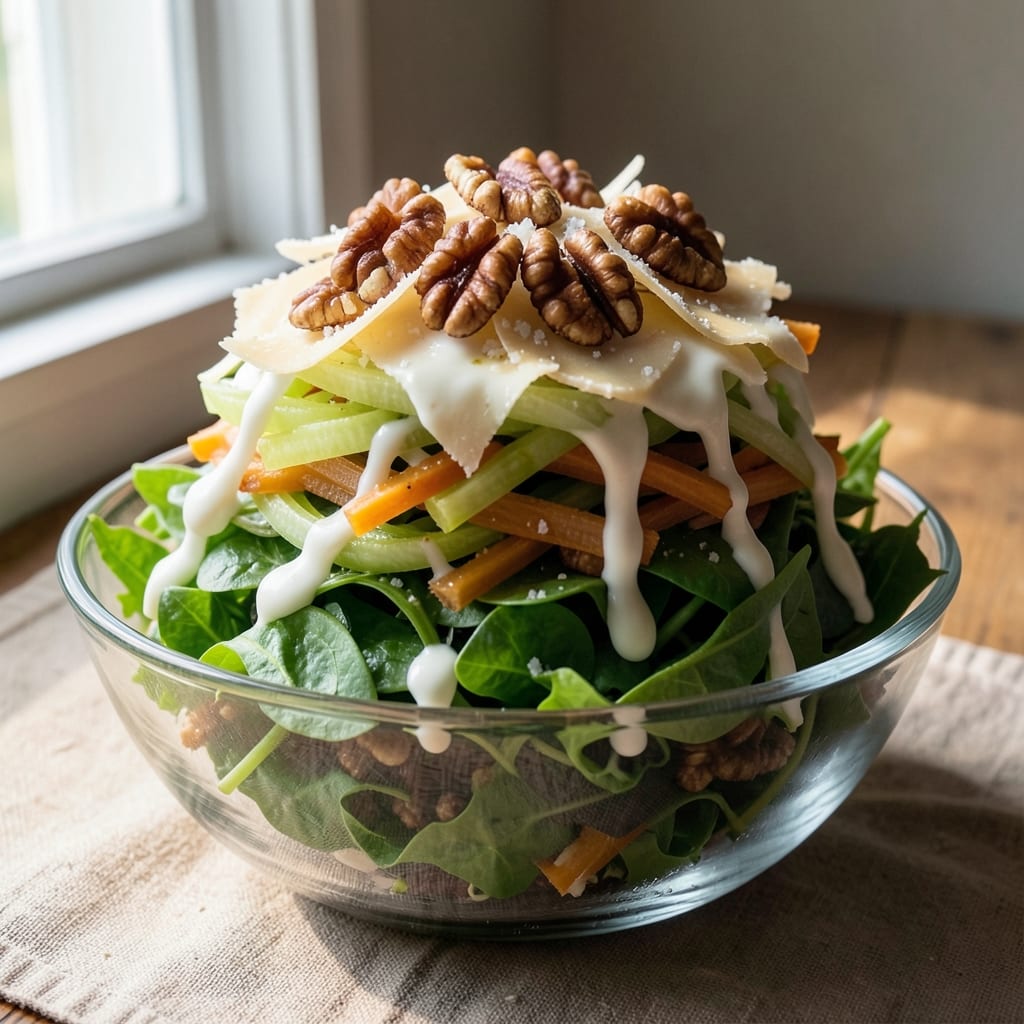 3-Layer Salad Recipe: Crisp Celery, Creamy Parmesan, Walnut Crunch Stack